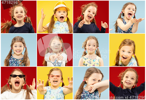 Image of Beautiful emotional little girls isolated on multicolored background