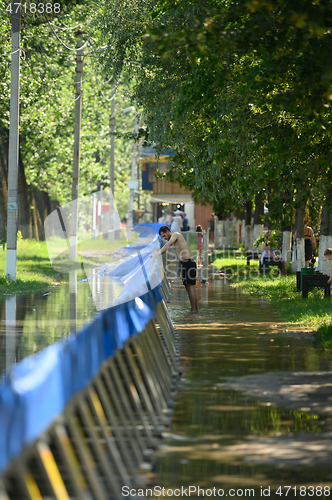 Image of Special water barriers to prevent flood caused by river spill after heavy rains set in Vadul lui Voda beach area