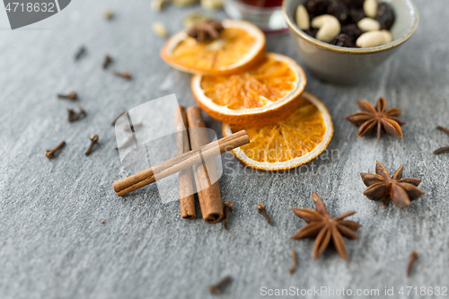Image of cinnamon sticks, dry orange slices and star anise