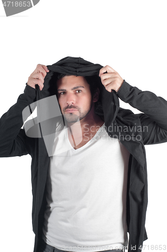 Image of Young man dressing hoodie isolated on white