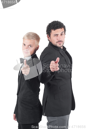 Image of Two white men pointing with their fingers