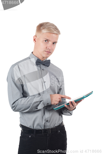 Image of Man with tablet on his hands isolated on white