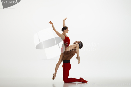 Image of Young graceful couple of ballet dancers dancing on white studio background