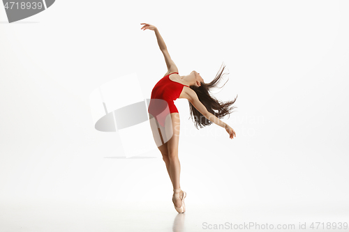 Image of Young graceful ballet dancer dancing on white studio background