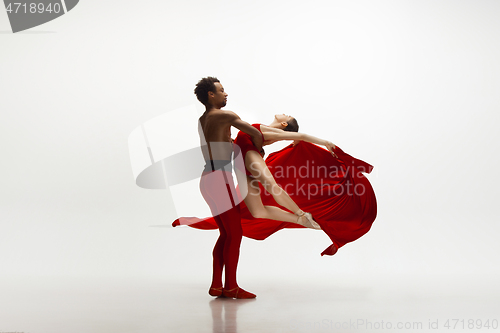 Image of Young graceful couple of ballet dancers dancing on white studio background