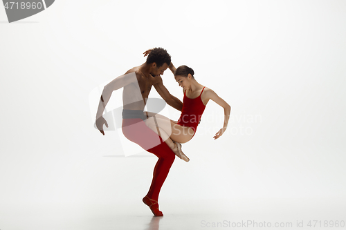 Image of Young graceful couple of ballet dancers dancing on white studio background