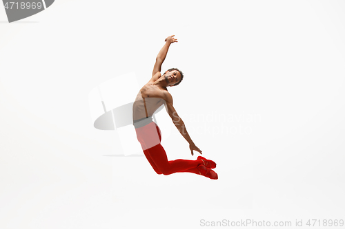 Image of Young graceful male ballet dancer dancing on white studio background