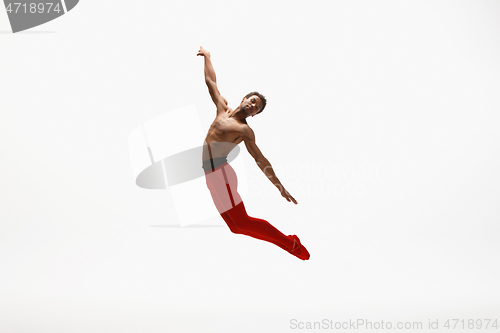 Image of Young graceful male ballet dancer dancing on white studio background