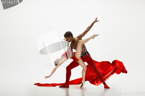 Image of Young graceful couple of ballet dancers dancing on white studio background