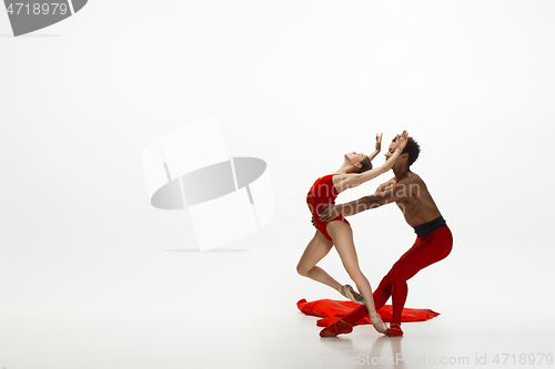 Image of Young graceful couple of ballet dancers dancing on white studio background