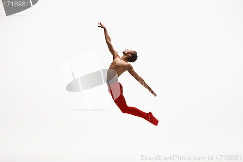 Image of Young graceful male ballet dancer dancing on white studio background