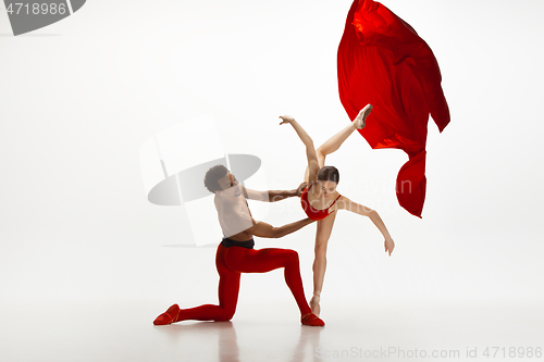 Image of Young graceful couple of ballet dancers dancing on white studio background