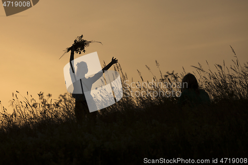 Image of Silhouettes of girl picking flowers during midsummer soltice 