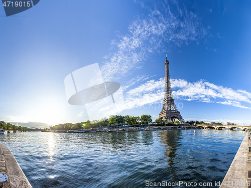 Image of Panorama of the Eiffel Tower and riverside of the Seine in Paris