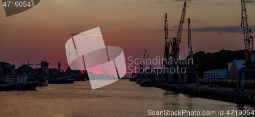 Image of Sea port silhouette in the sunset, Liepaja, Latvia