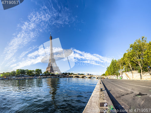 Image of Panorama of the Eiffel Tower and riverside of the Seine in Paris