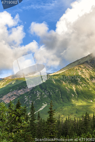 Image of Polish Tatra mountains summer landscape with blue sky and white clouds.