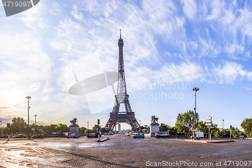 Image of The Eiffel Tower seen from Pont d\'Iena in Paris, France.