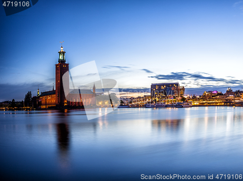 Image of Stockholm sunset skyline panorama with City Hall