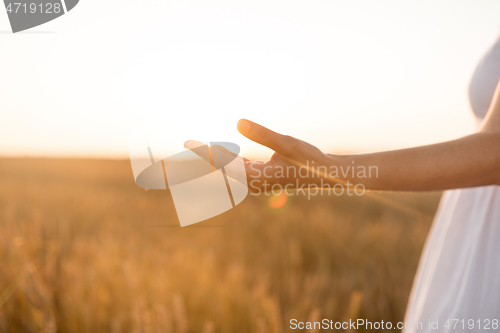 Image of hand of young woman on cereal field