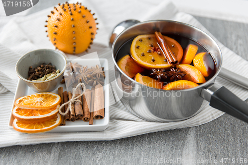 Image of pot with hot mulled wine, orange slices and spices