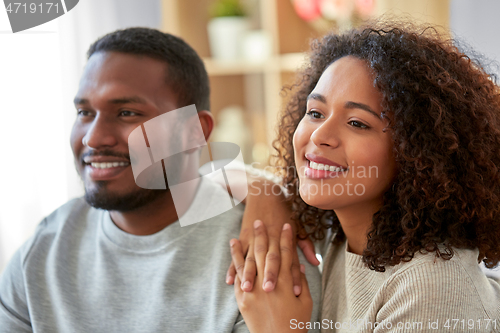 Image of happy african american couple at home