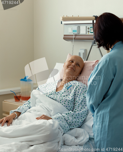 Image of woman patient with cancer in hospital with friend