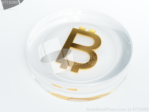 Image of bitcoin cryptocurrency golden symbol covered with glass 