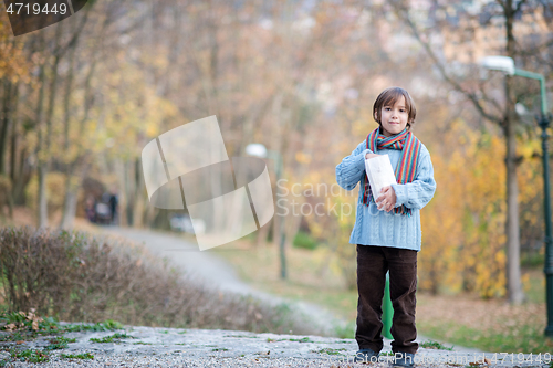 Image of cute little boy in park eating popcorn