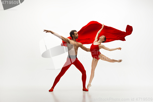 Image of Young graceful couple of ballet dancers dancing on white studio background