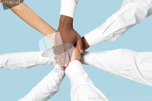 Image of Male and female hands holding isolated on blue studio background