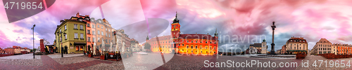 Image of Warsaw Royal Castle Square sunrise skyline, Poland