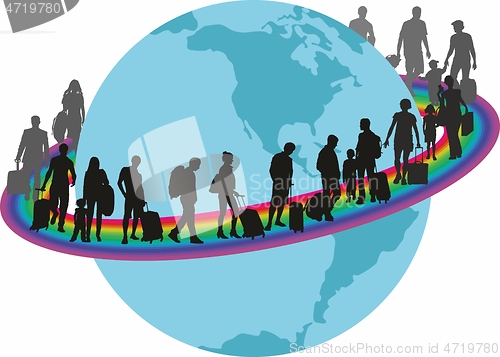 Image of Travelers - Migrantson on rainbow around the earth