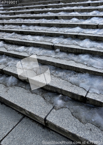 Image of stone staircase covered with ice in the city