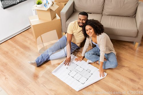 Image of couple with boxes and blueprint moving to new home