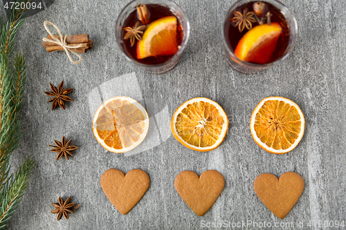 Image of mulled wine, orange slices, gingerbread and spices