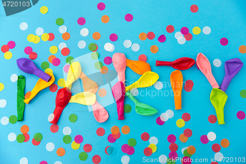 Image of word party made of colorful balloons and confetti