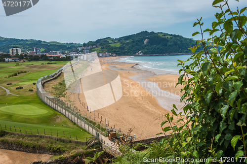 Image of Aerial view to the Zarautz Beach, Basque Country, Spain on a beautiful summer day