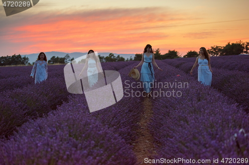 Image of group of famales have fun in lavender flower field
