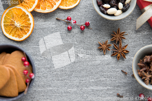 Image of hot mulled wine, orange slices, raisins and spices