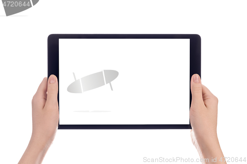 Image of Hands holding black tablet, isolated on white background