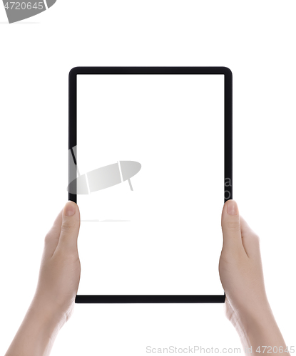 Image of Hands holding black tablet, isolated on white background