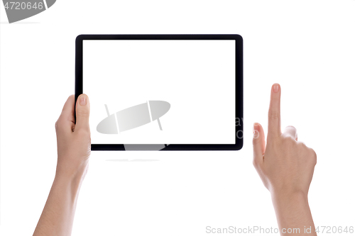 Image of Hands holding black tablet, isolated on white background