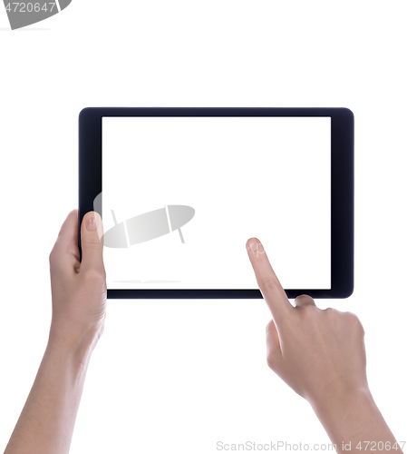 Image of Hands holding black tablet, isolated on white background