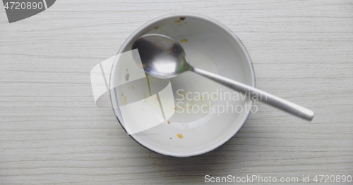 Image of Used bowl without food dropping spoon into it in slow motion from 120fps closeup