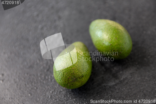 Image of two avocados on wet slate stone background