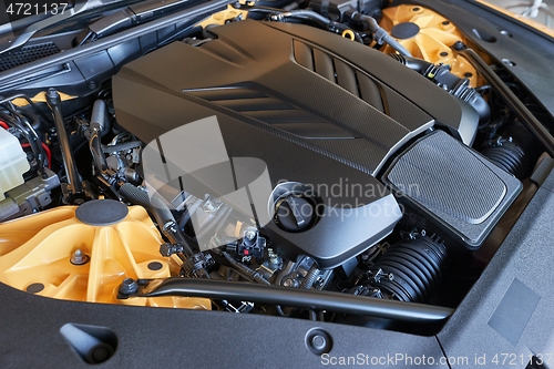 Image of Car Engine Bay, powerful V8 sport coupe