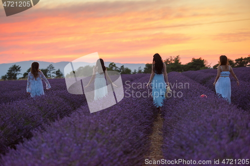 Image of group of famales have fun in lavender flower field