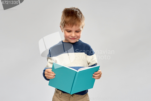 Image of smiling little boy reading book