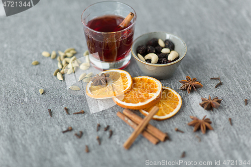 Image of hot mulled wine, orange slices, raisins and spices